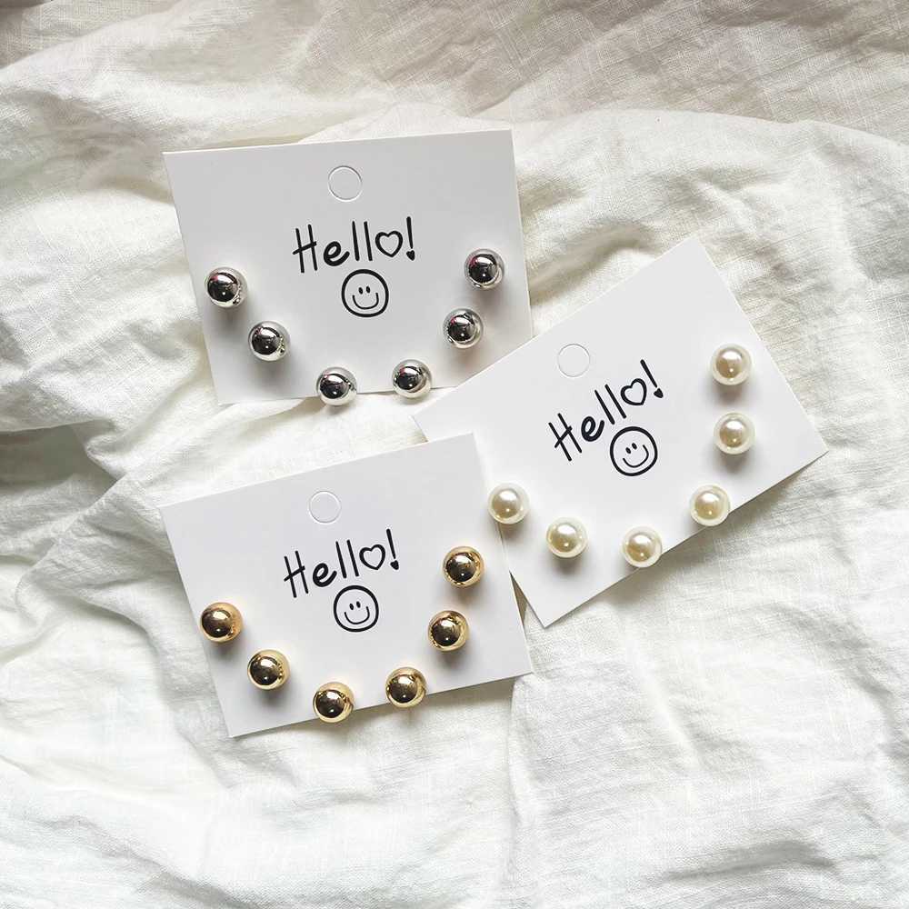 Trendy Cute Simple 3Pair/set 10mm Silver Gold Plated Bead Pearl Stud Earring Set For Women Girl Wedding Jewelry Accessory GiftsX241023