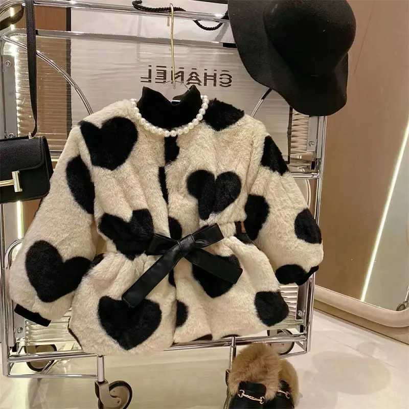 Newborn baby girl princess love with fur leather jacket long sleeved baby thick coat warm winter baby clothing 2Y-7Y W241023