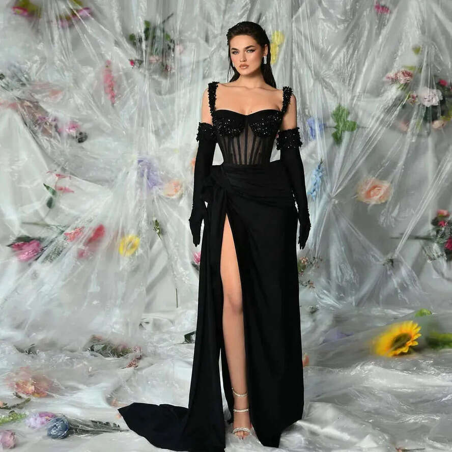 Sexy Black Formal Evening Dresses Sweetheart Neck Mermaid Prom Gowns Beads Pleat High Slit Celebrity Party Dress