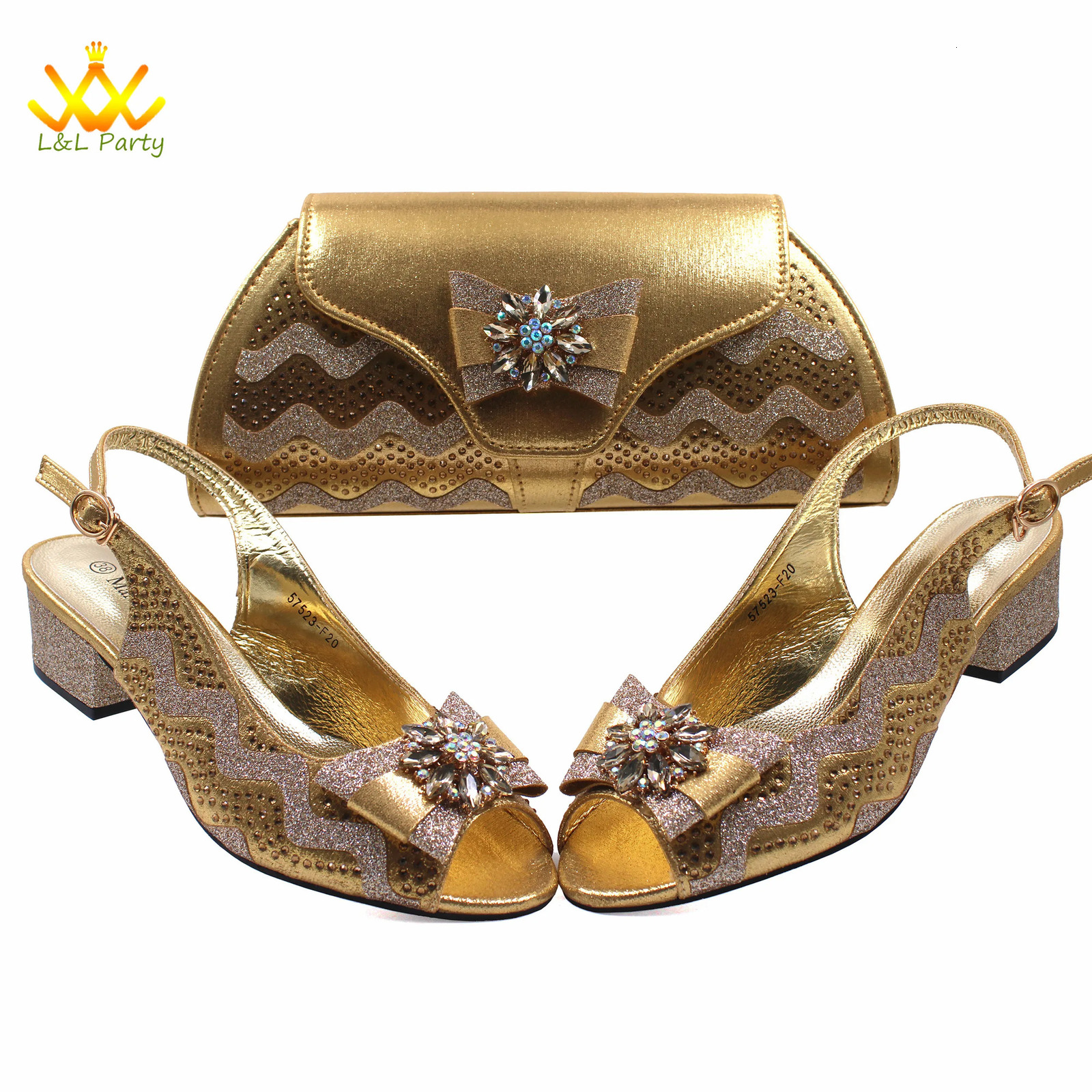 Low high heels Italian African womens shoes and bags mature gold style high quality party decals 241024