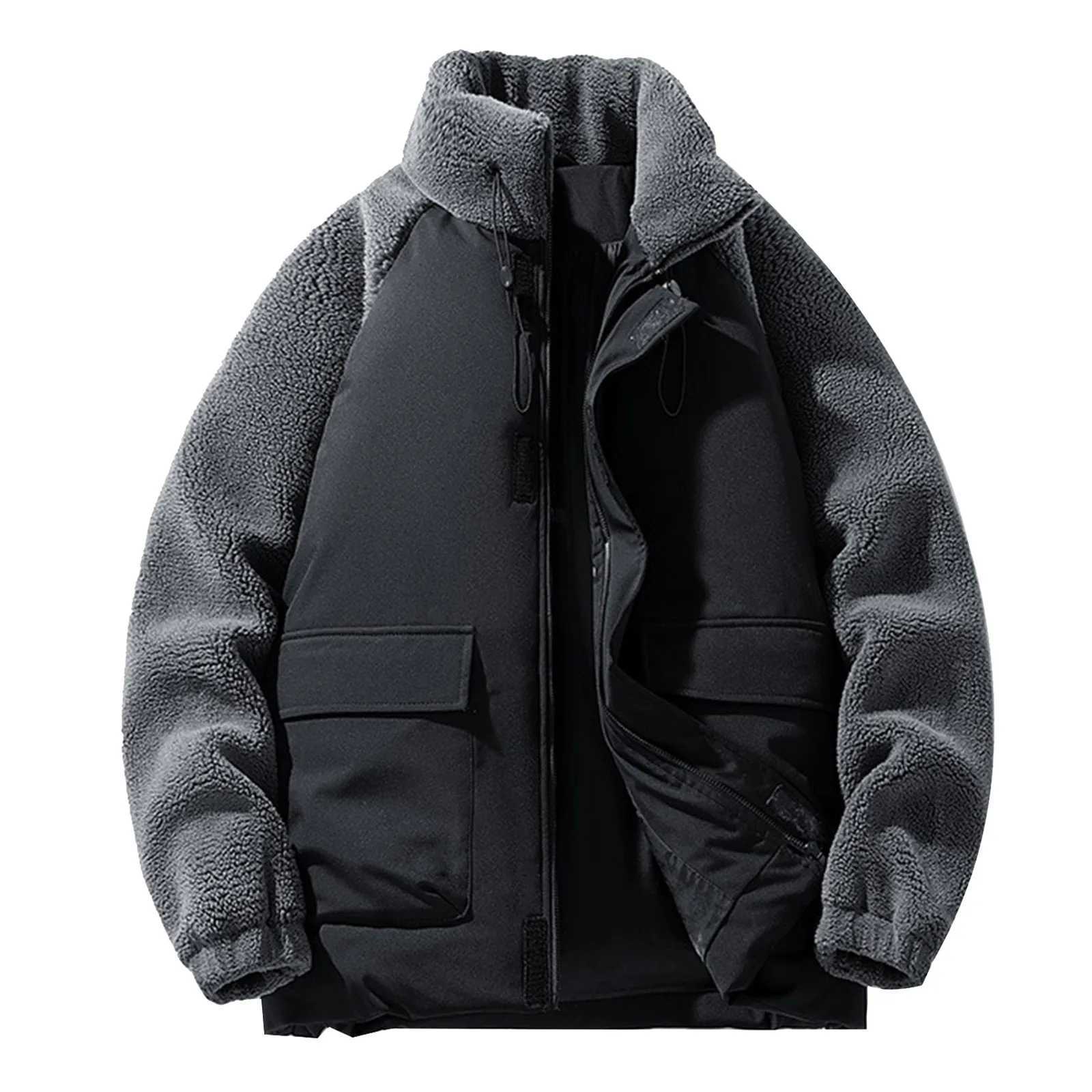 Mens winter down jacket zipper lamb wool cotton padded jacket splicing frame collar long sleeve fashionable thick jacket W241024