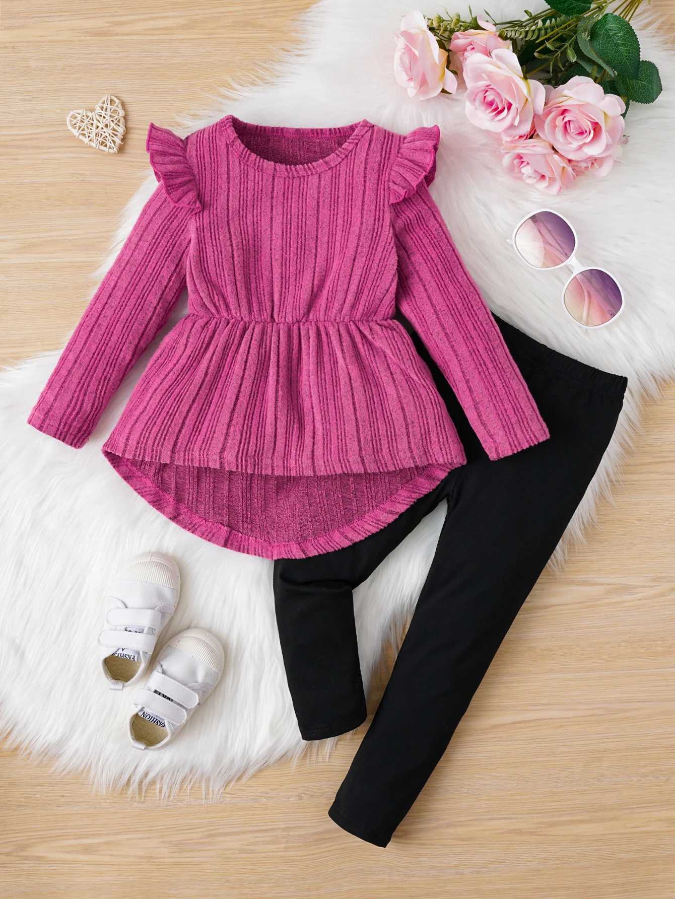 2PCS Spring and Autumn Womens Hoodie Lace Round Neck Long Sleeve Striped Knitted Solid Color Pants Fashionable Childrens Set W241025