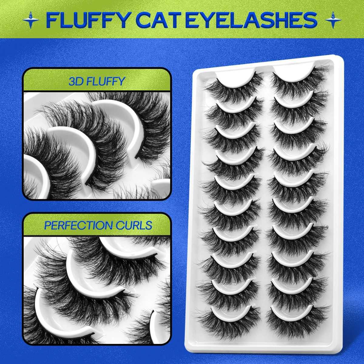 Groinneya 10 pairs of cat eye eyelashes fluffy artificial mink eyelashes 8D Wispy eyelash pack dramatic long thick eyelashes false eyelashesW241024