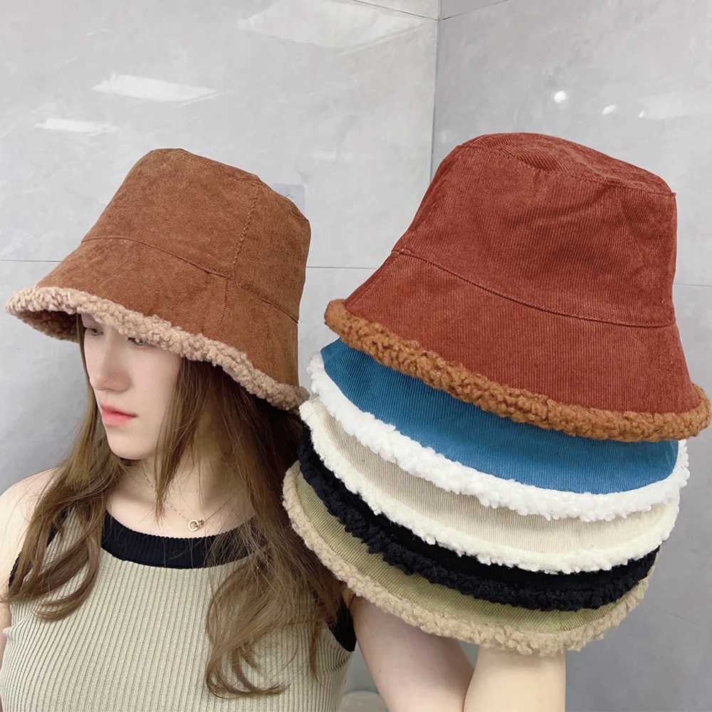 Outdoor Double Side Faux Fur Bucket Hat Women Winter Warm Lamb Wool Fleece Cap Corduroy Fisherman Cap Hats Sunscreen Panama CapsX241025