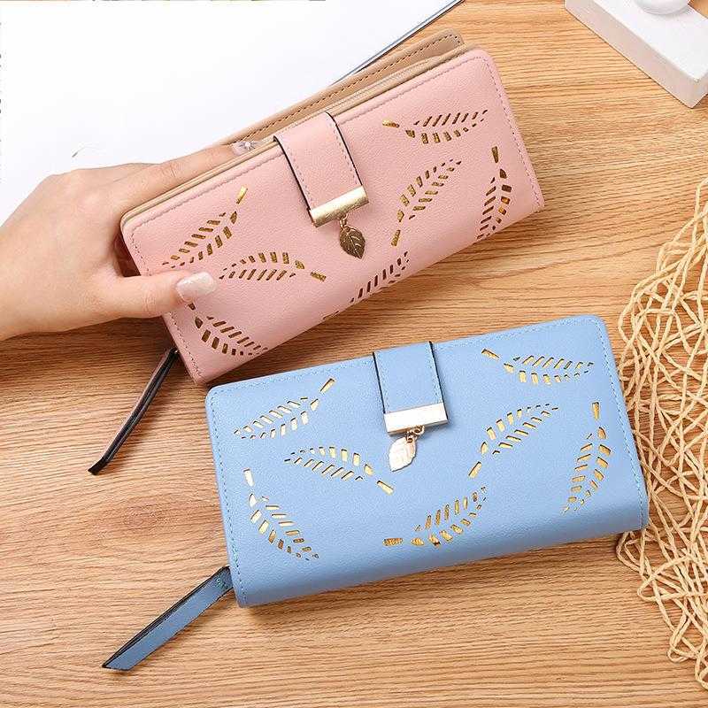 CMM New Womens Wallet Hollowed Out Leaf Wallet Korean Version Two Fold Zipper Long Card Bag Hand Held Bag