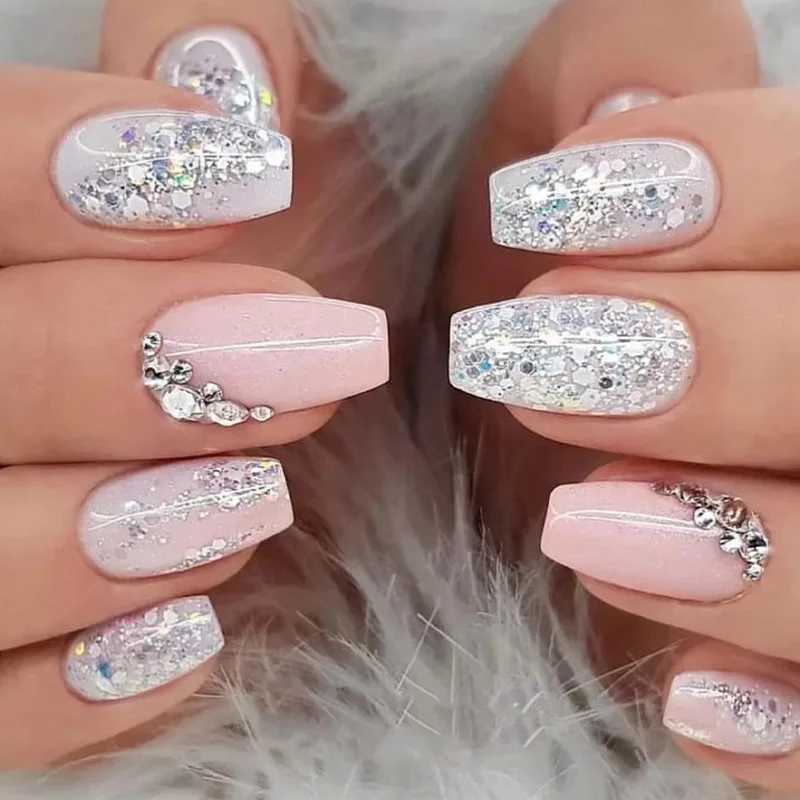 24Pcs Press On Nails Wearable Fake Nails Pink Gradient Glitter Butterfly Rhinestones False Nail Full Cover Acrylic Nail TipsXJ241025