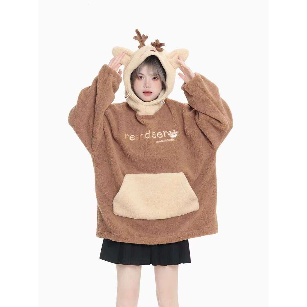 2023 Christmas New Cute Elk Hooded Sweatshirt Autumn Winter American Contrasting Loose Lambswool Hoodie Winter Clothes Women