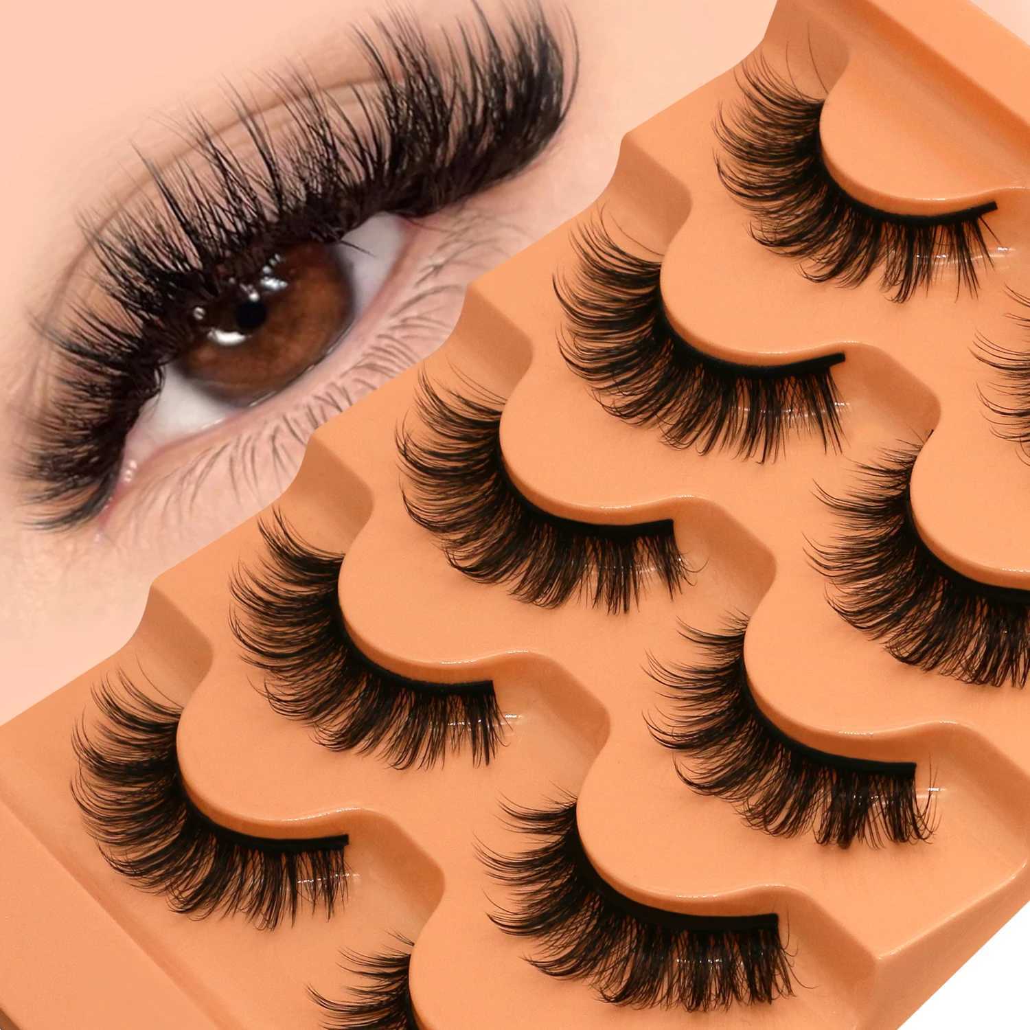 Groinneya cat eyelashes fluffy artificial mink eyelashes 8D rolls Wispy long eyelashes false eyelashes Russian strips 5 pairs packaging makeupW241024