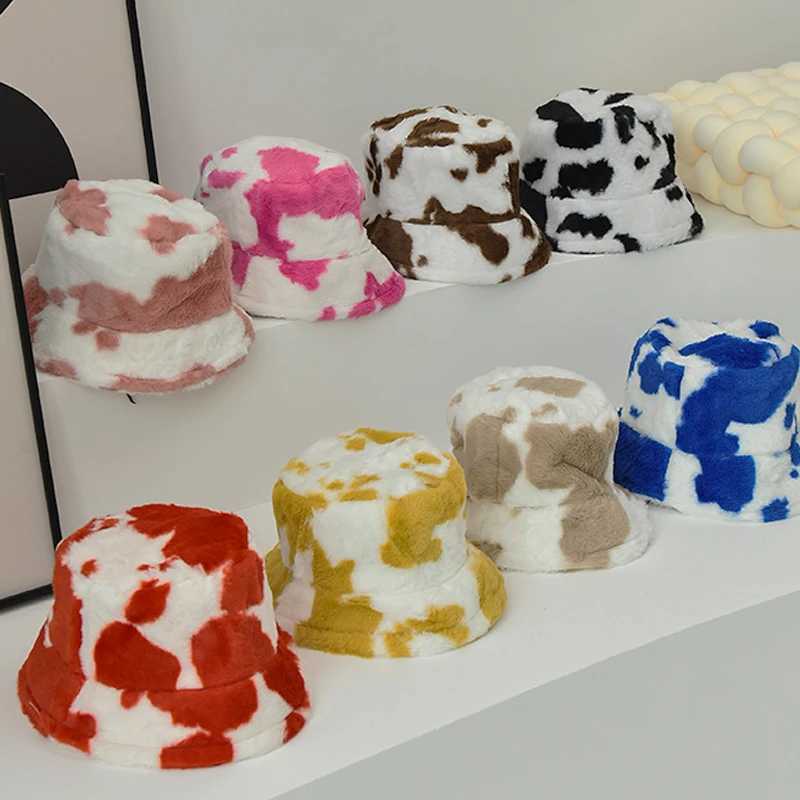 Winter Plush Cow Print Women Bucket Hat Fluffy Faux Fur Panama Fisherman Cap Outdoor Warm Fashion Furry Female Flat SunbonnetX241025