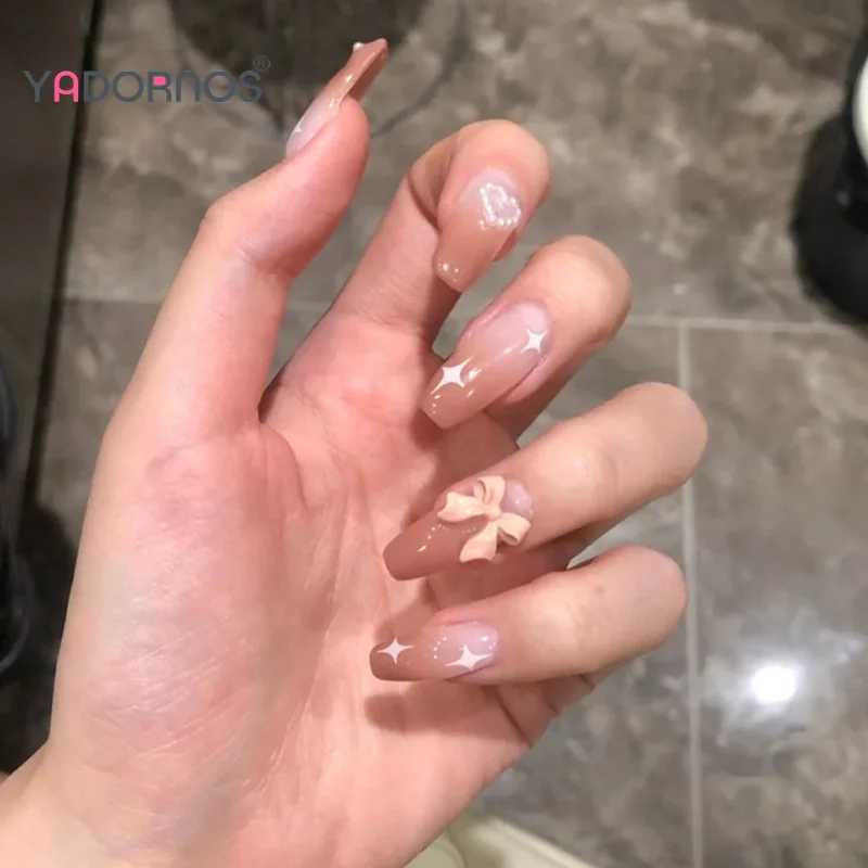 Gradient Pink Fake Nails Bowknot Pearl Love Heart Designs Y2K Girls Long Cofin Nails Press on Sweet Wearable False Nails 24PcsXJ241025