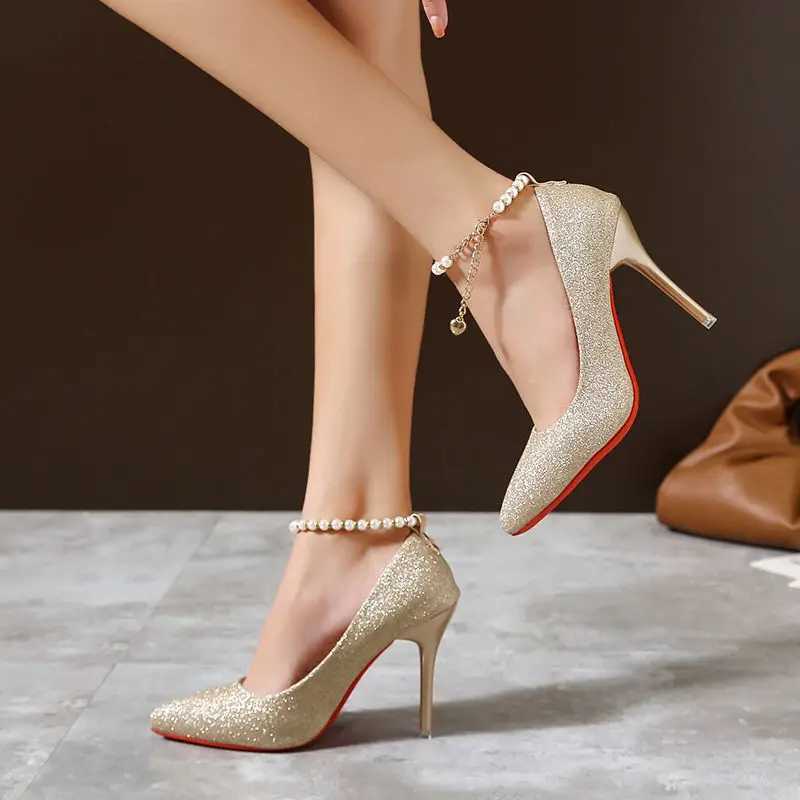 High Quality Pearl pendant bead buckle womens pump gold 7cm/10cm high heel anklet shoulder strap womens party dress shoes Plus size 45 T241024