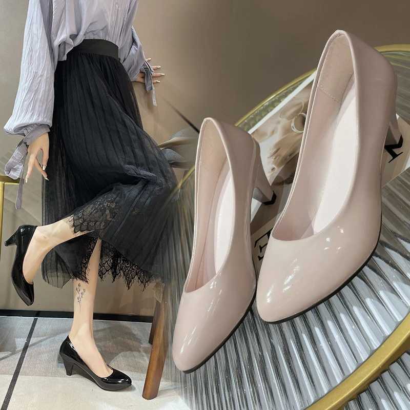 High Quality Four Seas High Heel Single Shoes Womens Low Heel Fi Pointed Shoes 5CM Thick Casual Leather Shoes Low Heel Work Shoes T241024