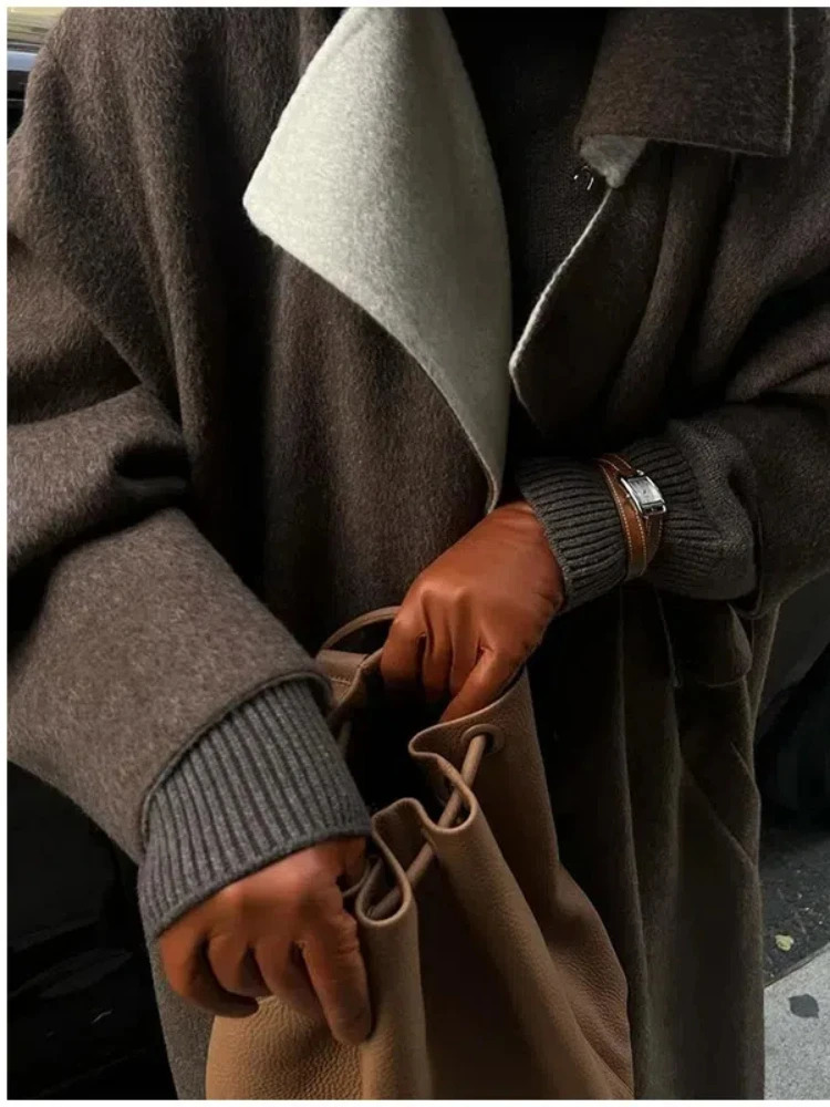 Retro collar wool long coat for womens casual and elegant single chest solid Maxi Coats womens winter loose chic streetwear 241024