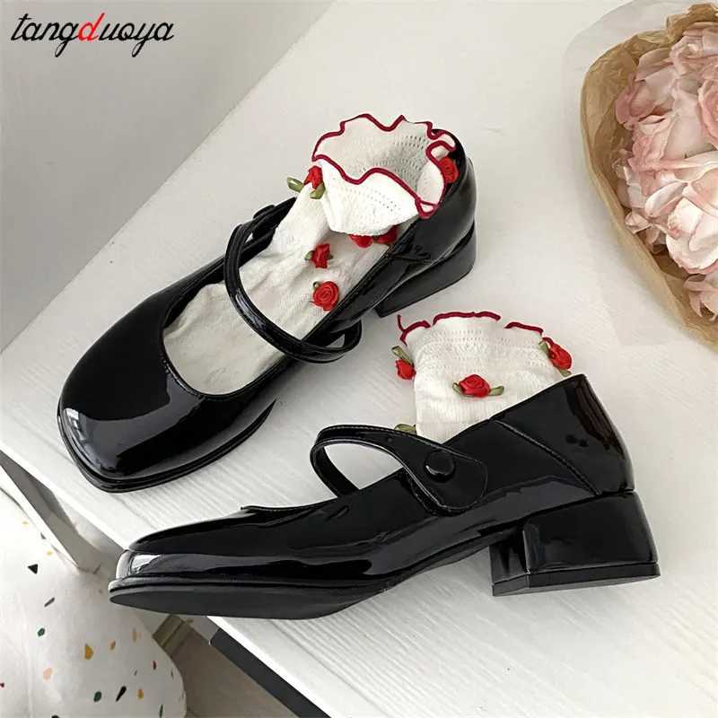 High Quality Red Mary Jane shoes womens thick high heels ankle buckles Lolita shoes female students French square shoes shallow single shoes T241024