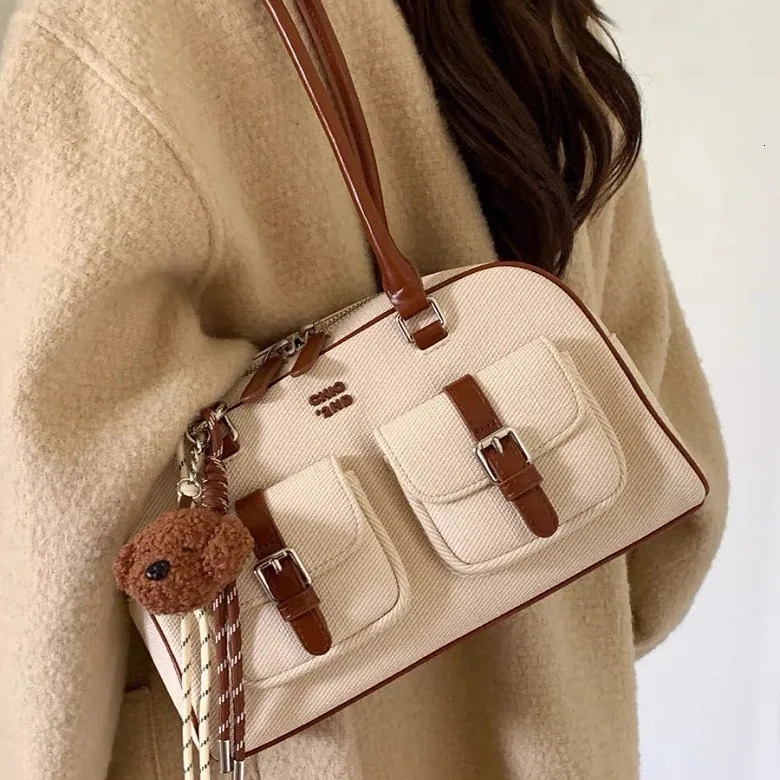 ner PU Leather and Canvas Patchwork Womens Shoulder Bag High Quality Contrast Color Crossbody Bucket Handbag 241021