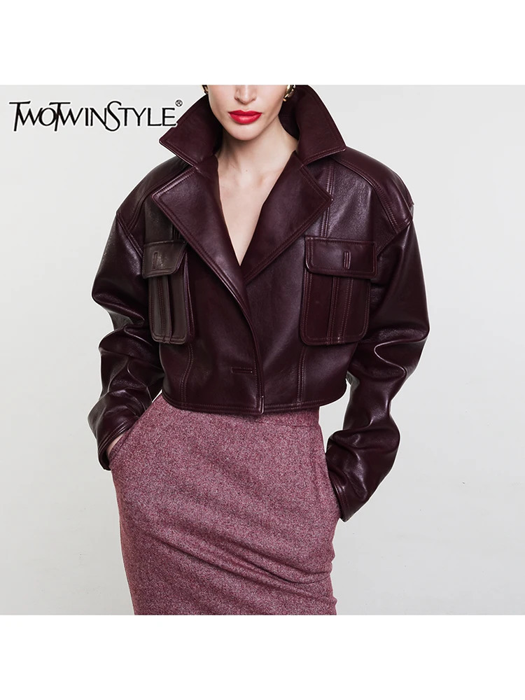 TWOTWINSTYLE Solid Patch Work Bag Womens Leather Chic Coat Collar Long Sleeve Splicing Button Short Jacket Womens Fashion 241025