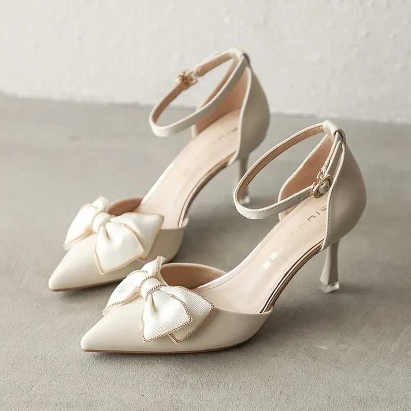 High Quality Mid high heels womens shoe trend toe butterfly slim high heels elegant wedding dress wedding party white designer T241024
