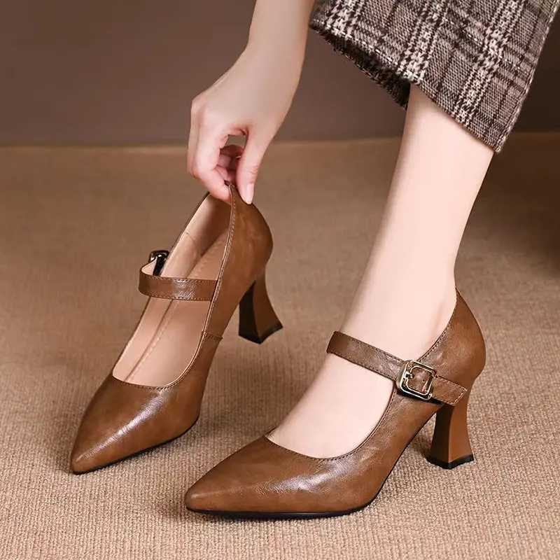 High Quality Brown Black Mary Jane Pump Womens Fi Dot Short and Fat High Heels Elegant Simple Solid Color Office Womens Shoes T241024
