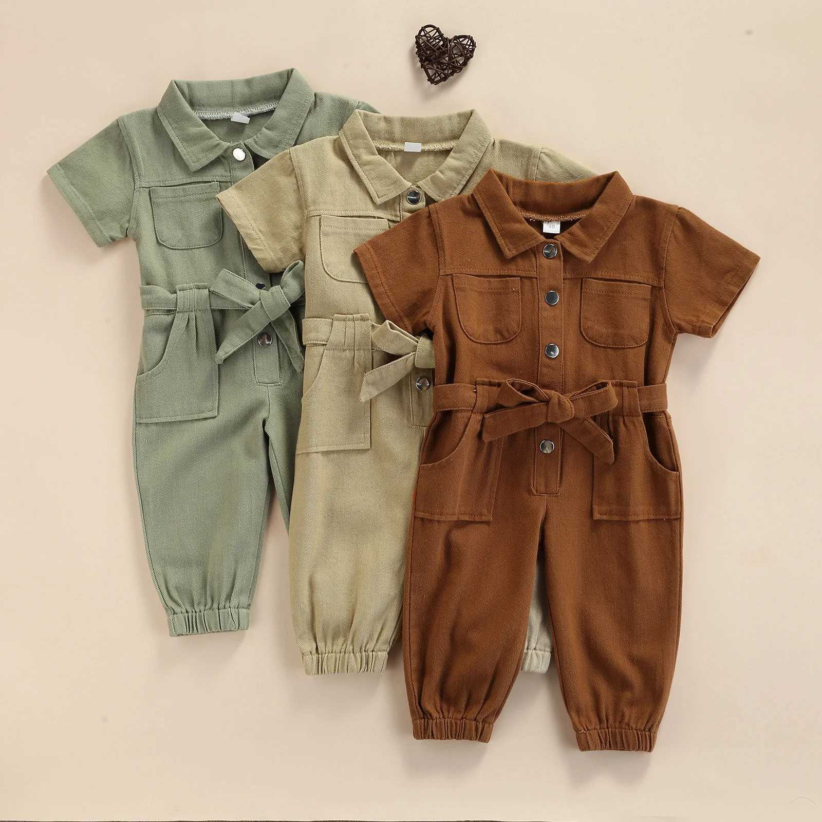 2021-05-05 Lioraitiin 1-5Years Toddler Baby Girls Casual Long Sleeve Jumpsuit Fashion Solid Lapel Pocket Single-breasted PantsXJ241025