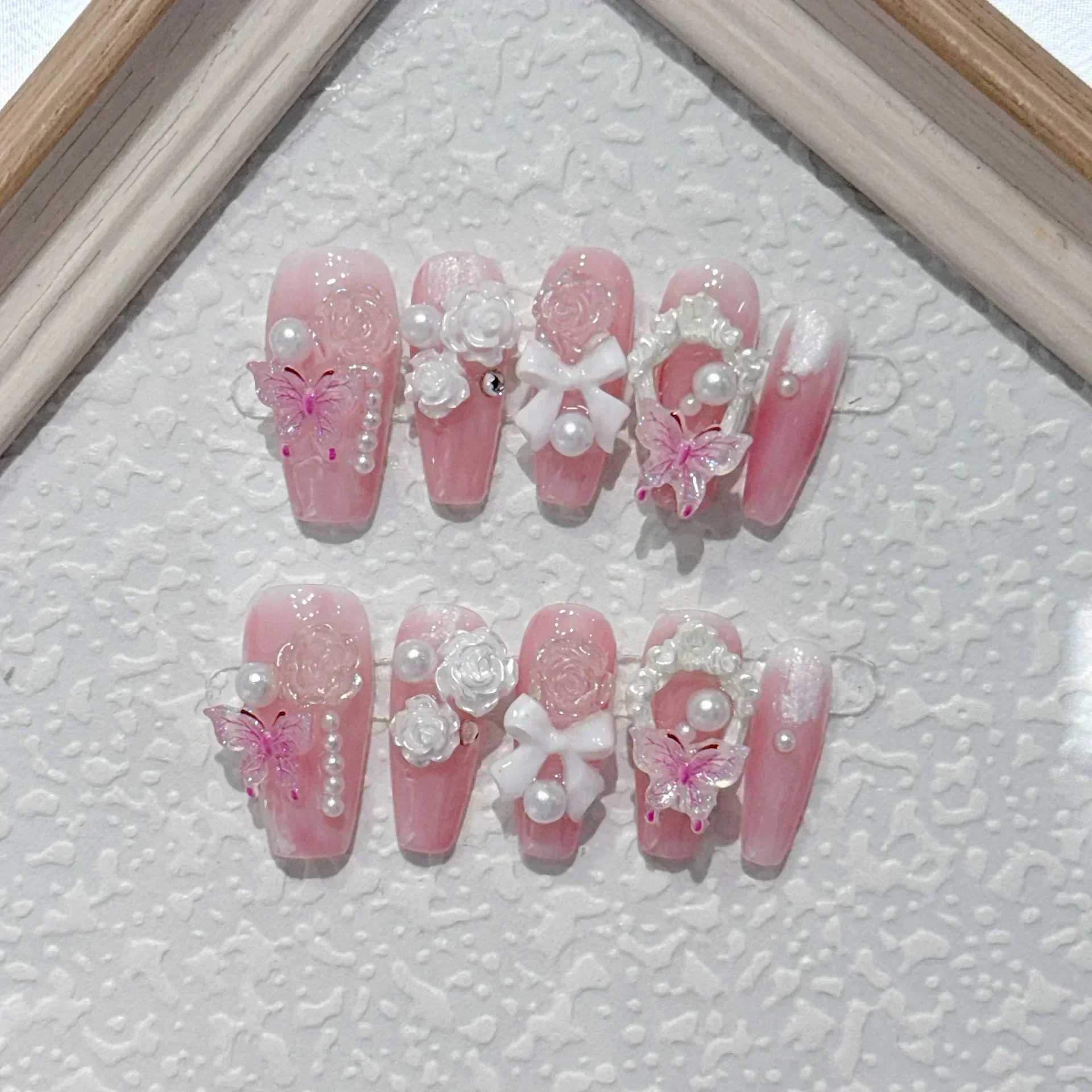 10Pcs Handmade Press On Nails Pink Fake Nails 3D Love Heart Moon Butterfly Rhinestone Design Y2k False Nail Full Cover Nail TipsXJ241025