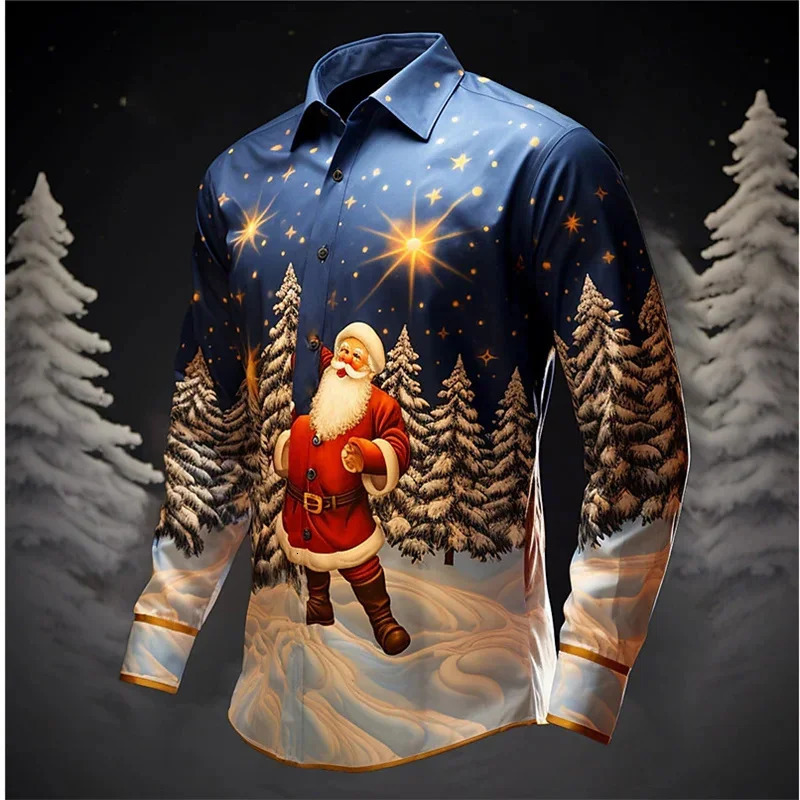 Santa Claus Christmas Tree Casual Mens Shirt Autumn and Winter Long Sleeve XS6XL Fourway Stretch Fabric 241025