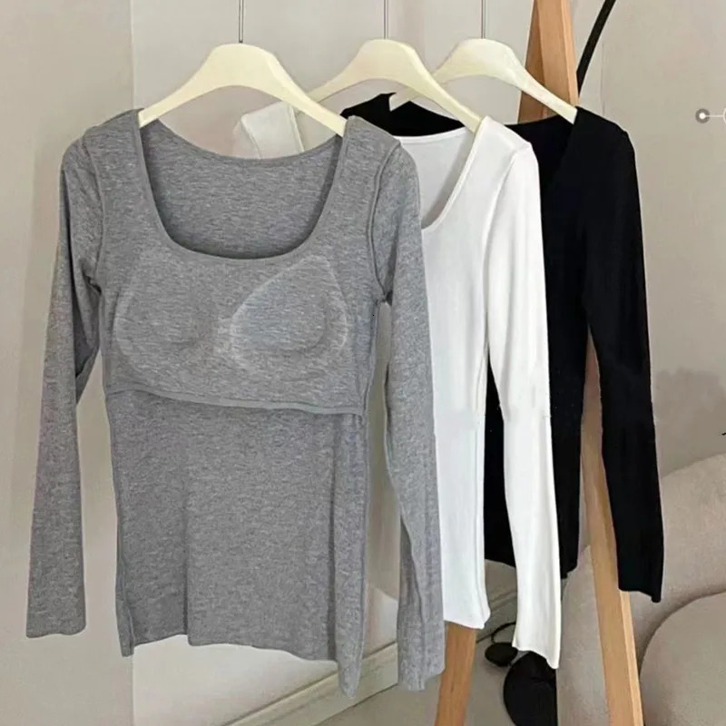 Autumn Winter Long Sleeve Base Shirt Women Versatile with Built-in Chest Pad Bra Slim Fit T-Shirt Female Bottom Casual Tops 241024
