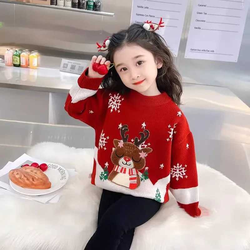 Childrens girls Christmas deer zipper sweater 2024 autumn and winter new snowflake knitted baby fashion sweater winter clothing W241025