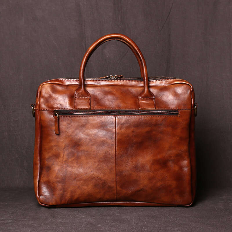 Retro Handmade Men's Handbag Top Layer Cowhide Horizontal Computer Bag Vegetable Tanned Leather Zipper Briefcase NZPJ