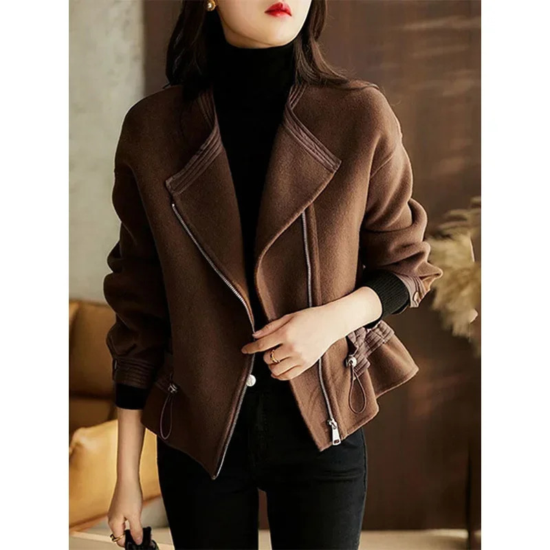 Coffee colored wool womens short jacket high-end motorcycle collar wool jacket autumn short jacket and jacket for women 241024