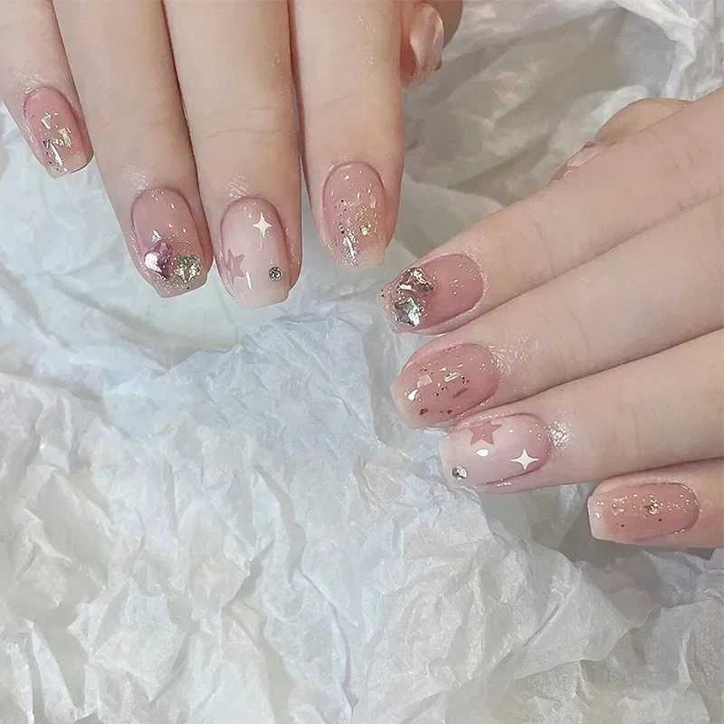 24Pcs Blue Gradient False Nails Ballet Star Coffin with French Design Wearable Fake Nails Full Cover Press on Nails Tips ArtXJ241025