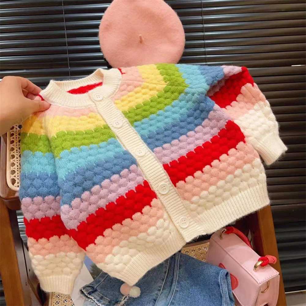 Rainbow striped knitted cardigan suitable for children girls autumn winter long sleeves single sweat jackets childrens clothing W241025