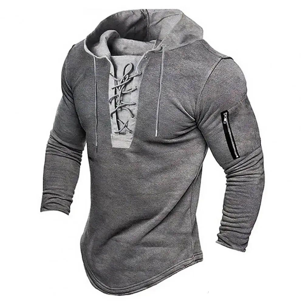 No Ironing Men Hoodie Vintage Laceup Stylish Mens Pullover with Zipper Detailing Slim Fit for Spring Fall Casual Style 241025
