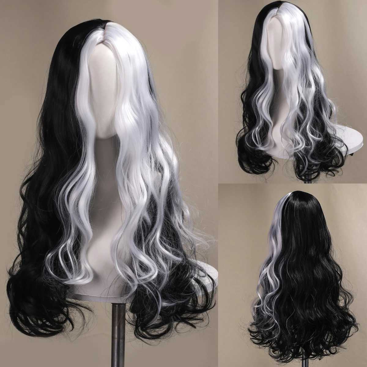 28 inch long scroll black and white composite Wig used for holiday parties and Halloween role-playingW241025