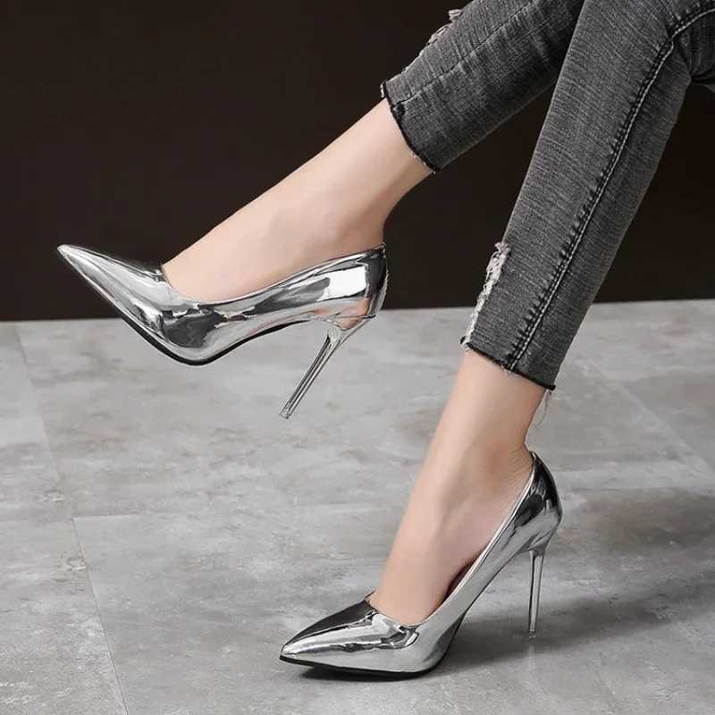 High Quality Womens Pump High Heels Sier Sexy Patent Leather Silver Shoes Womens Stiletto High Heels Fi Luxury Wedding Party Shoes Large Size T241024