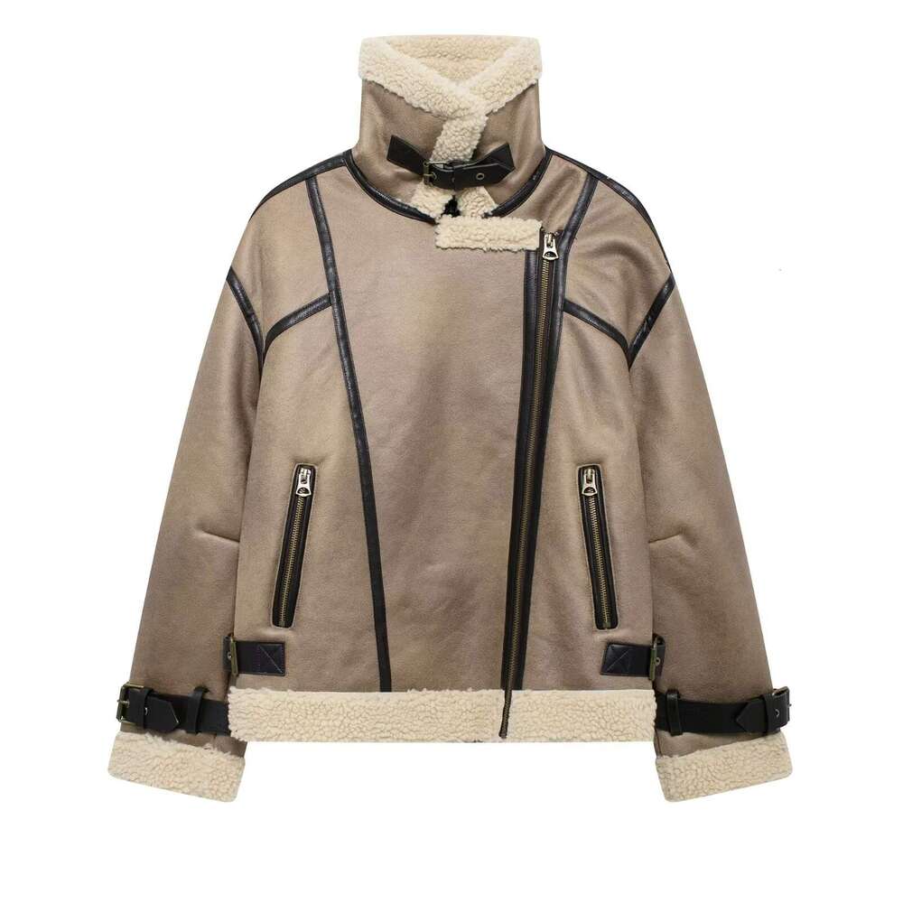 TRAFZA Women Fashion Ing New 2024 Retro Loose Fleece Zipper Lapel Jacket Autumn Winter Stylish Coat