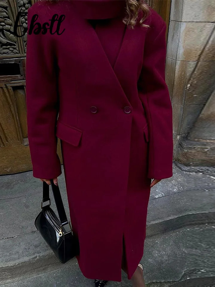 Wine red wool coat with scarf elegant womens full sleeves double chest long coat womens streetwear for autumn and winter 241024