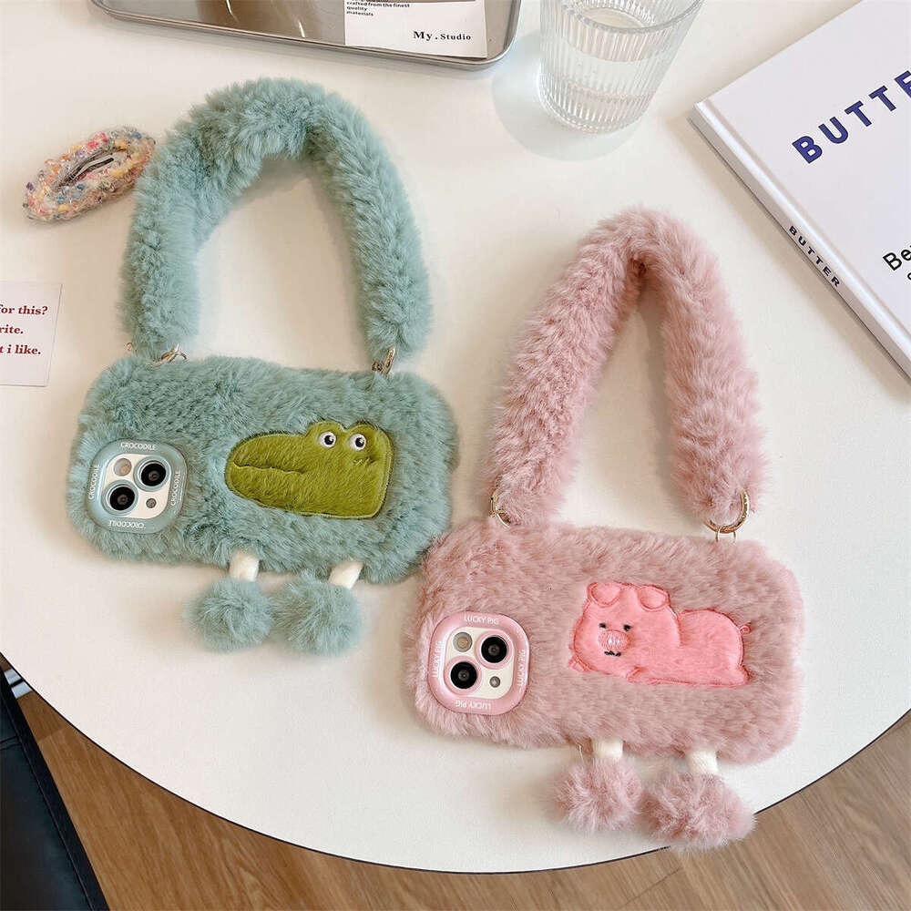Plush shoulder bag handbag suitable for Apple 15PROMAX phone case 14 cartoon 13 autumn 12 winter 11 dinosaur pig