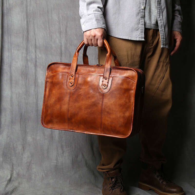 Retro Men's Briefcase Top Layer Cowhide Handbag Travel Handmade Leather Laptop Business Shoulder Crossbody Bag