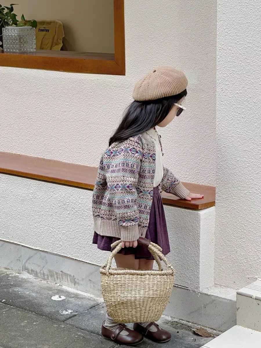 Sweater girl vintage wool cardigan pleated half skirt set baby autumn knitted half skirt 2024 W241025