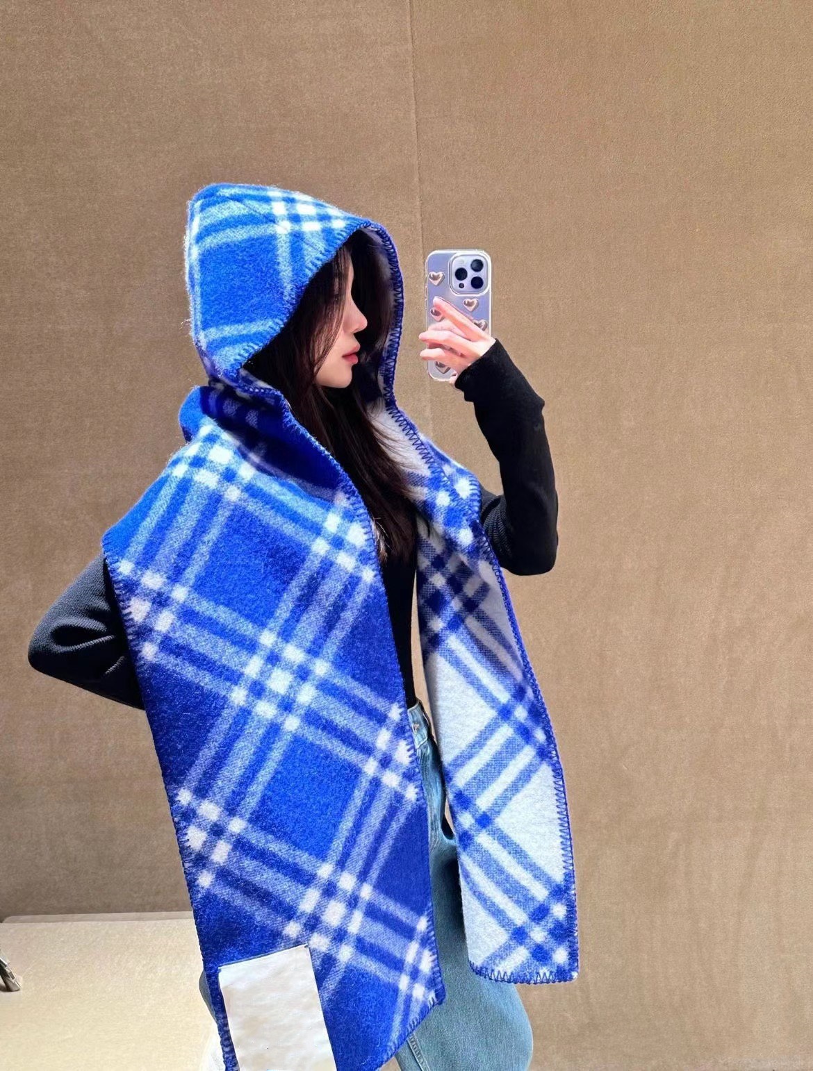 2025 new 100% lamb wool woman designer thickened plaid cashmere high quality womens shawl fashionable autumn and winter warm Hooded scarf