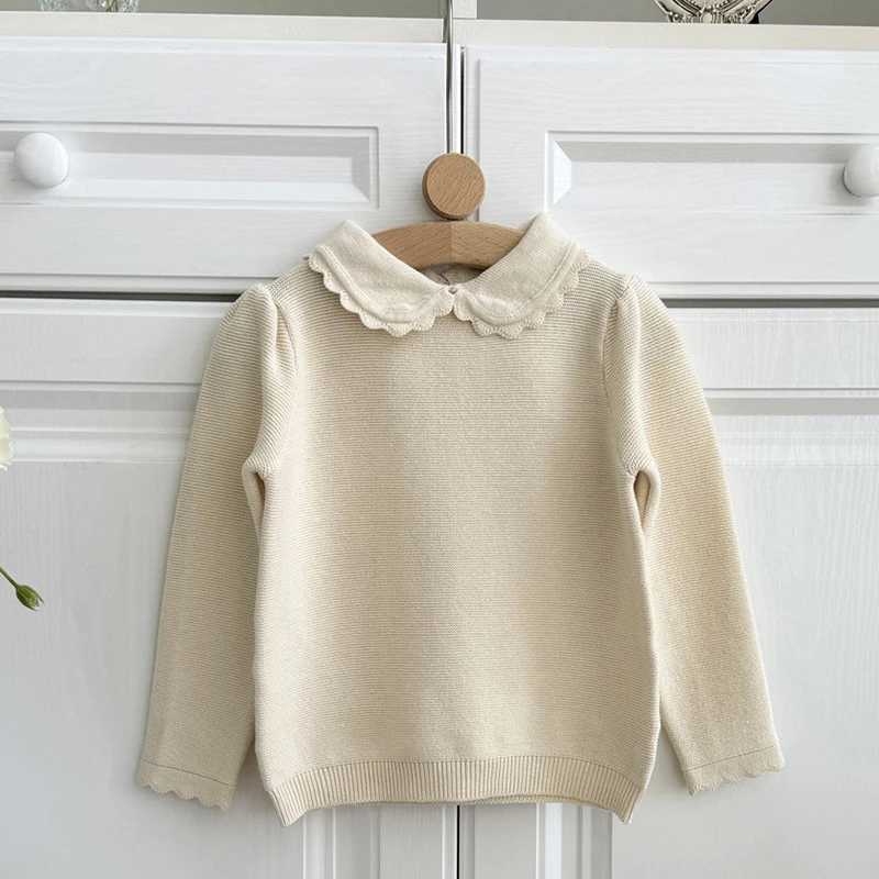 2024 Baby Girls Sweater Spring Knitted Floral Top for Preschool Children Solid Color Ruffle Collar Baby Girls Sweater Korean Style W241025