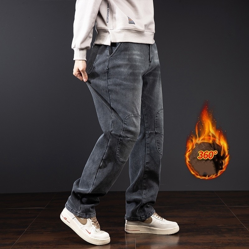 Winter Mens Spliced Jeans Brushed Thick Hip Hop Baggy Warm Denim Pants Casual Cargo Trousers Loose Jean Bottoms 241010