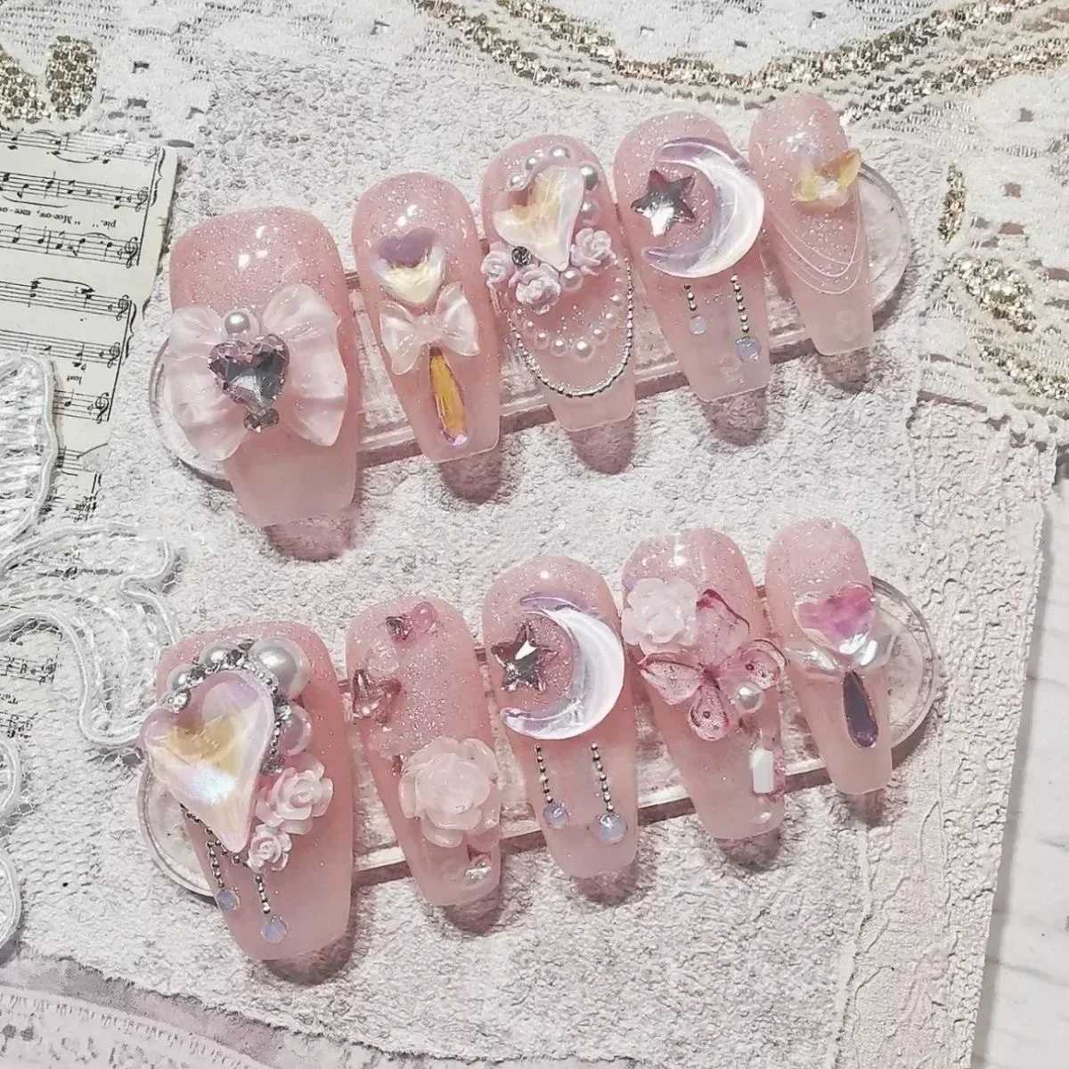 10Pcs Handmade Press On Nails Pink Fake Nails 3D Love Heart Moon Butterfly Rhinestone Design Y2k False Nail Full Cover Nail TipsXJ241025