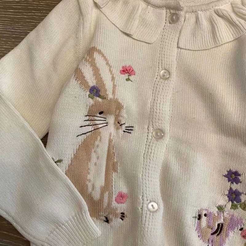 Flea Count Preschool White Flower Rabbit Baby Knitted Open Knitted Woolen Sweater for Girls Winter Clothing Childrens Sweater 2-7 Years Old W241025