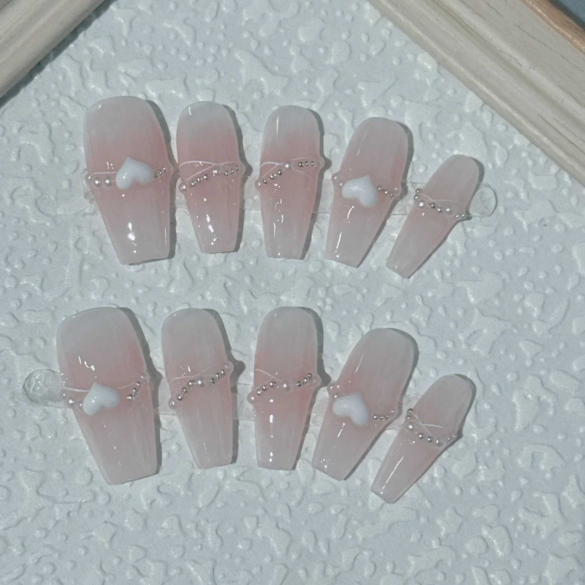 10pcs Handmade Acrylic Fake Nails with Glue Ballet Handmade Pearl Love Blush Pink Artificial Nails Full Cover Press on Nails TipXJ241025