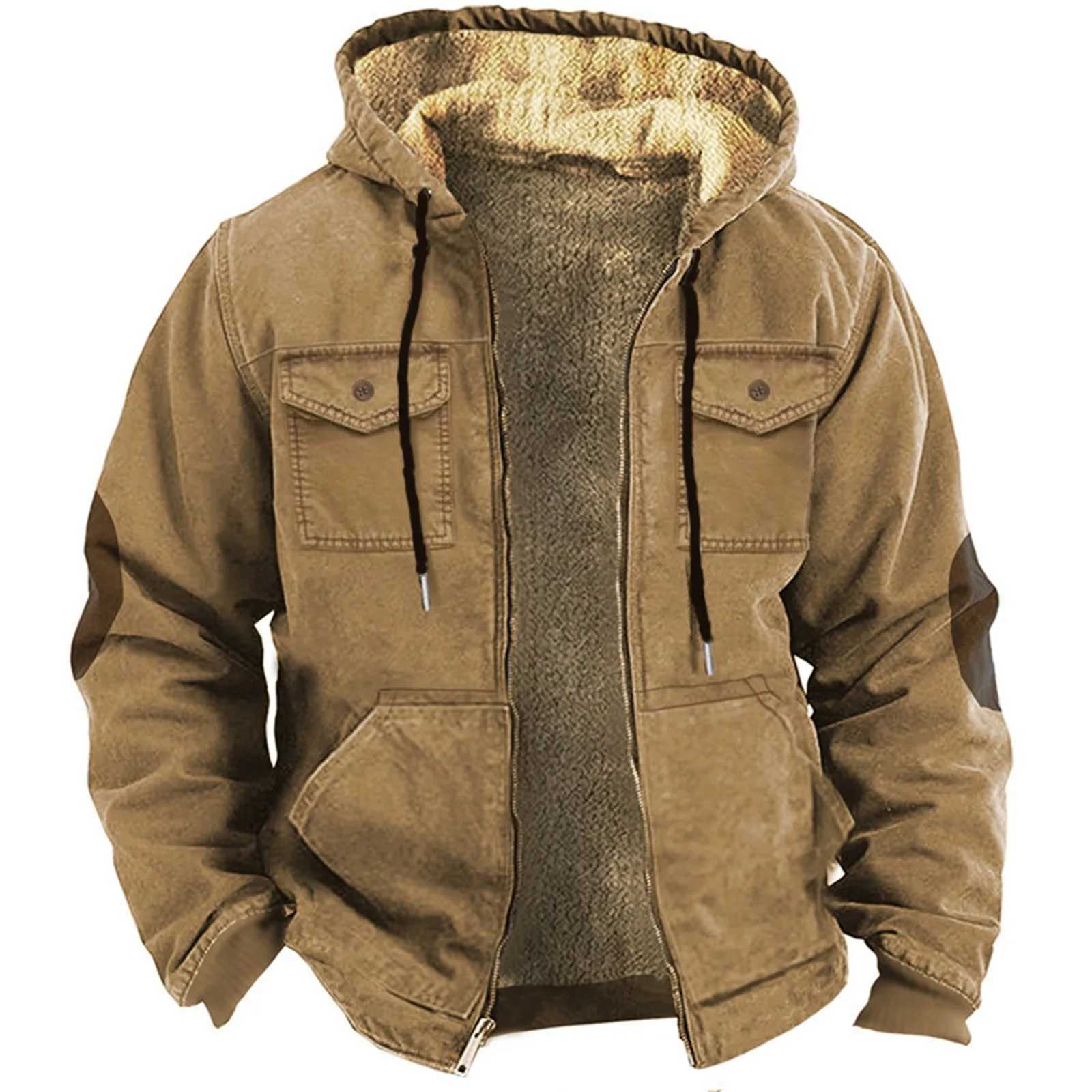 Mens plush lined hooded jacket Gothic retro thick hot hooded jacket with multiple pockets solid color Lambswool lined jacket W241024