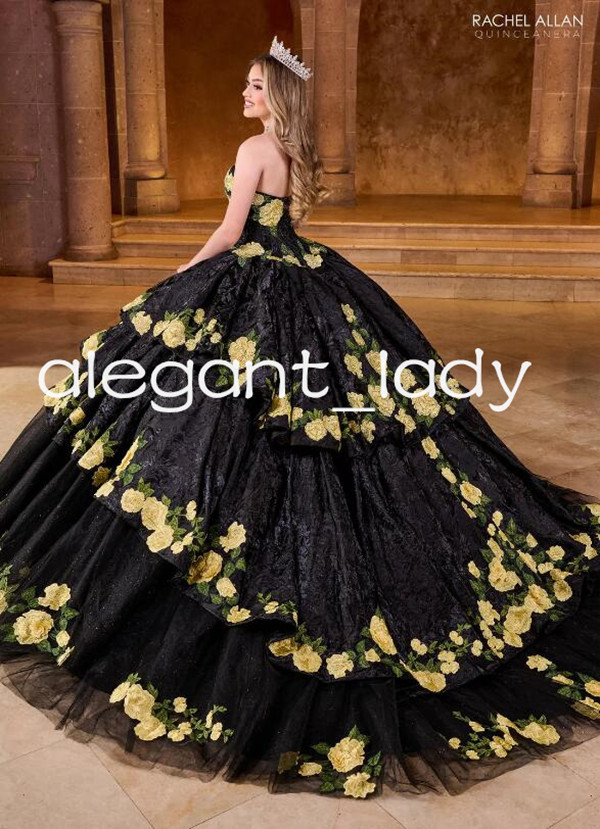Black Charro Gothic Princess Quinceanera Dresses with Floral Applique Strapless Lace-up Corset vestidos de 15 anos quinceaneras