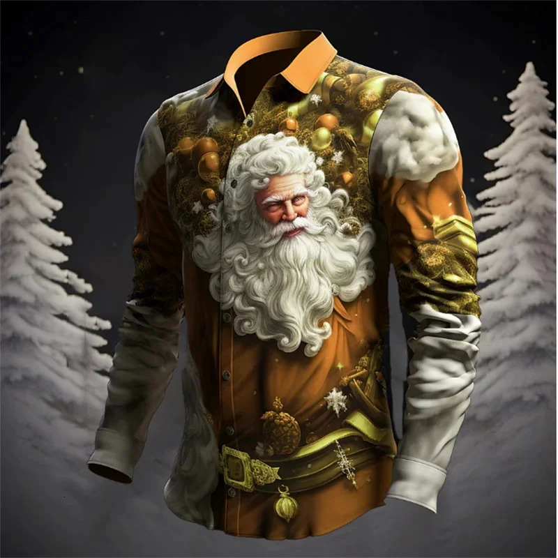 Santa Claus Christmas Tree Casual Mens Shirt Autumn and Winter Long Sleeve XS6XL Fourway Stretch Fabric 241025