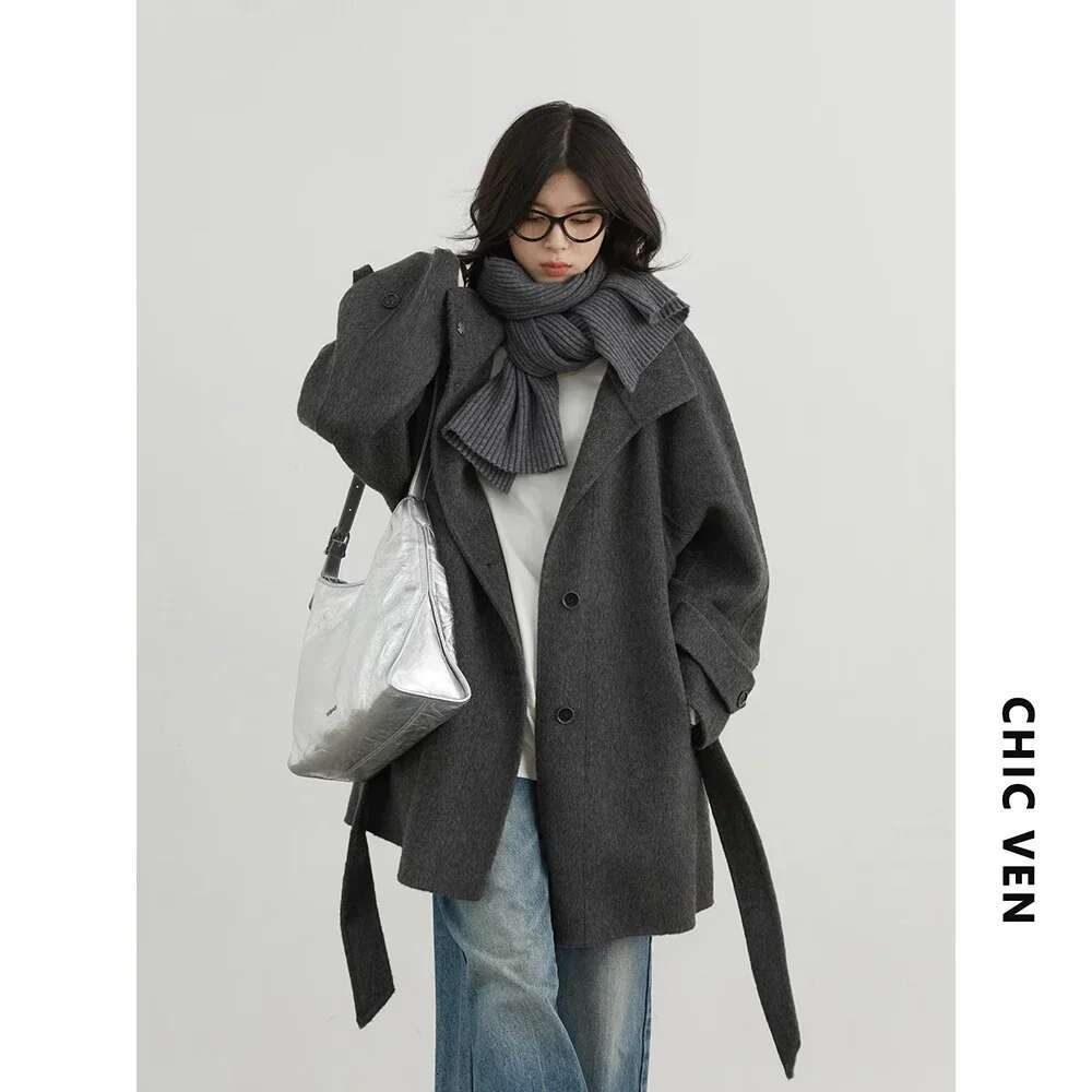 CHIC VEN Korean Women Woolen Coat Single Breasted Loose Stand Collar Belt Long Double-Sided Ladies Overcoat Autumn Winter 2024
