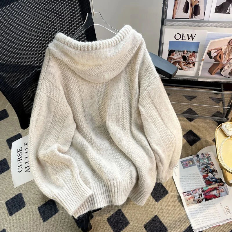 Korean Knitted Hooded Sweater Women Fall Winter Long Sleeved Warm Buttons Loose Pullover Solid Harajuku Lazy Sprots Sweatshirt 241021